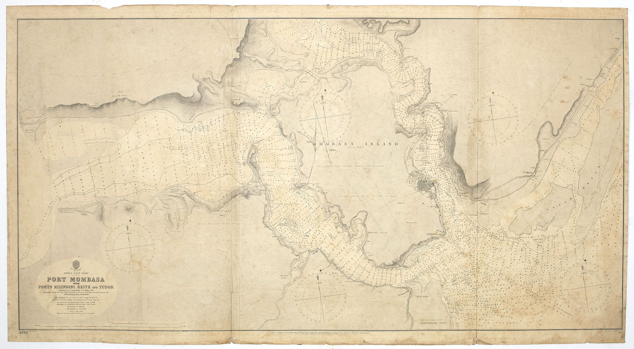 BRITISH ADMIRALTY CHART., Africa east coast, Port Mombasa with Ports Kilindini, Reitz and Tudor… H. M. Surveying ship Stork, 1888. Africa - SW coast Table Bay surveyed by Mr F Skead Master RN assisted by Mr Charles Watermeyer 1858-60, antique map, old maps