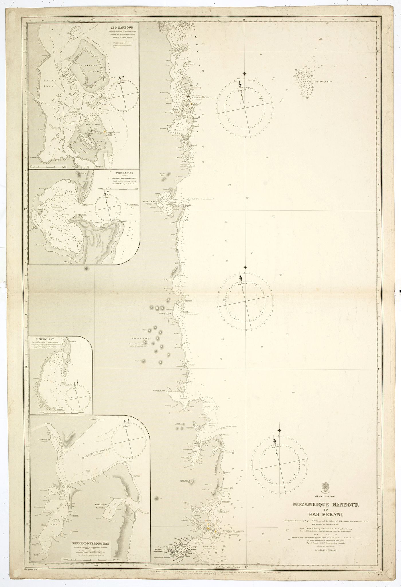 BRITISH ADMIRALTY CHART., Africa east coast Mozambique Harbour to Ras Pekawi surveys by Captain WFW Owen HMS Leven and Barracouta 1824… Magnetic variation in 1900, decreasing about 2' annually. . ., antique map, old maps