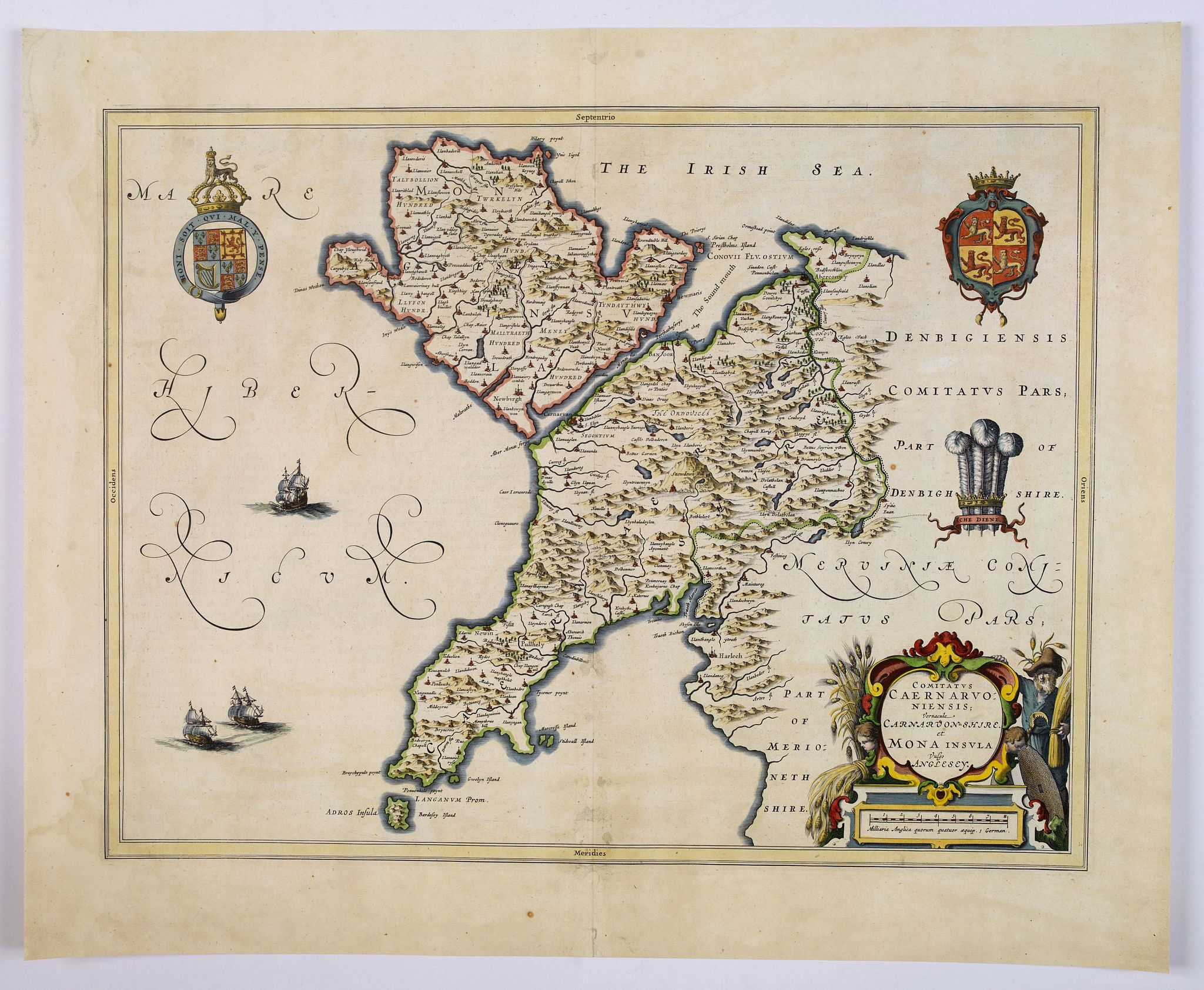 BLAEU, J., Comitatus Caernarvoniensis, Vernacule Carnarvonshire. Et Mona insula Vulgo Anglessey., antique map, old maps