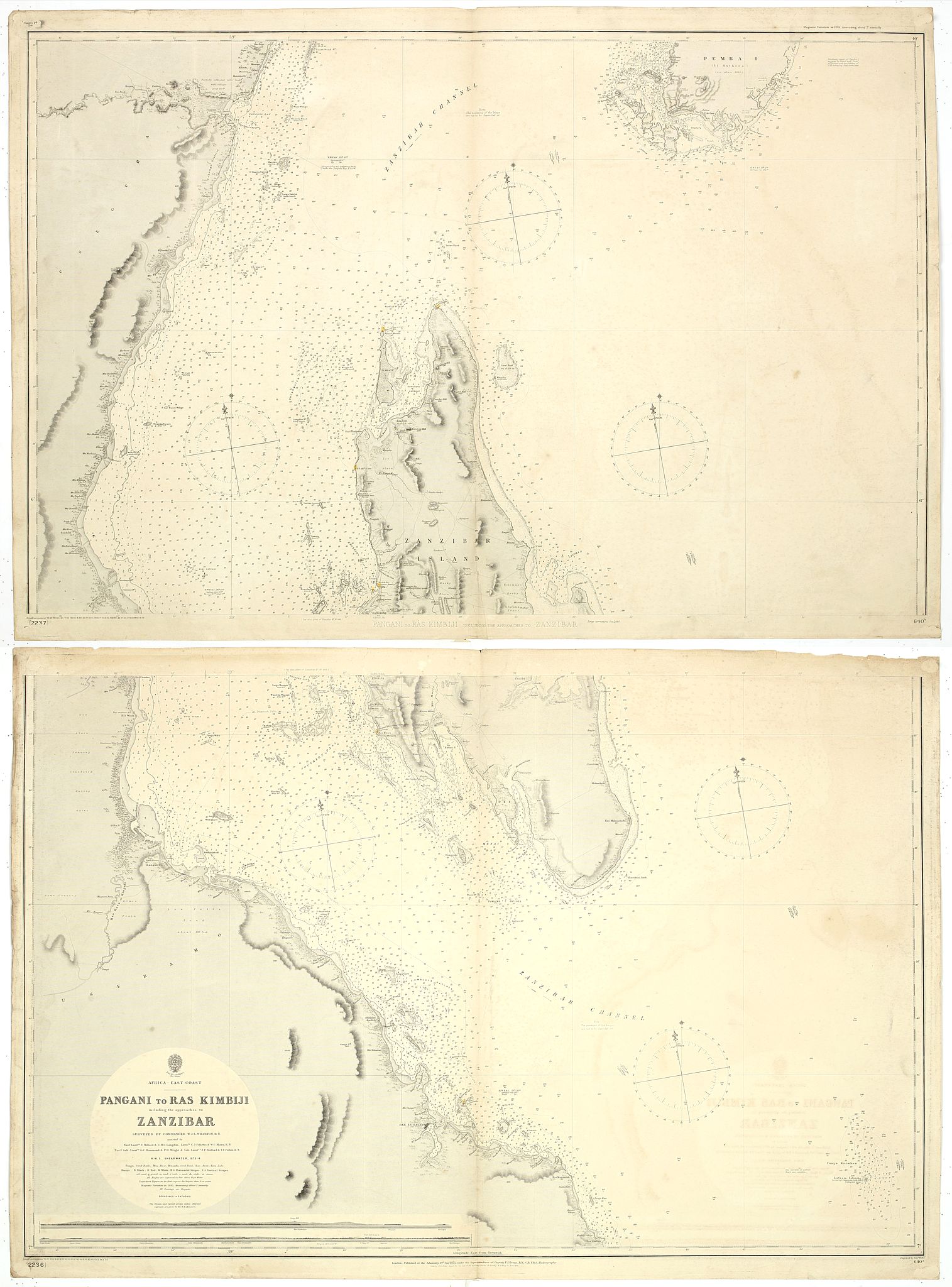 BRITISH ADMIRALTY CHART., Africa east coast Pangani to Ras Kimbiji including the approaches to Zanzibar… Surveyed by commander W. J. L. Wharton. . ., antique map, old maps