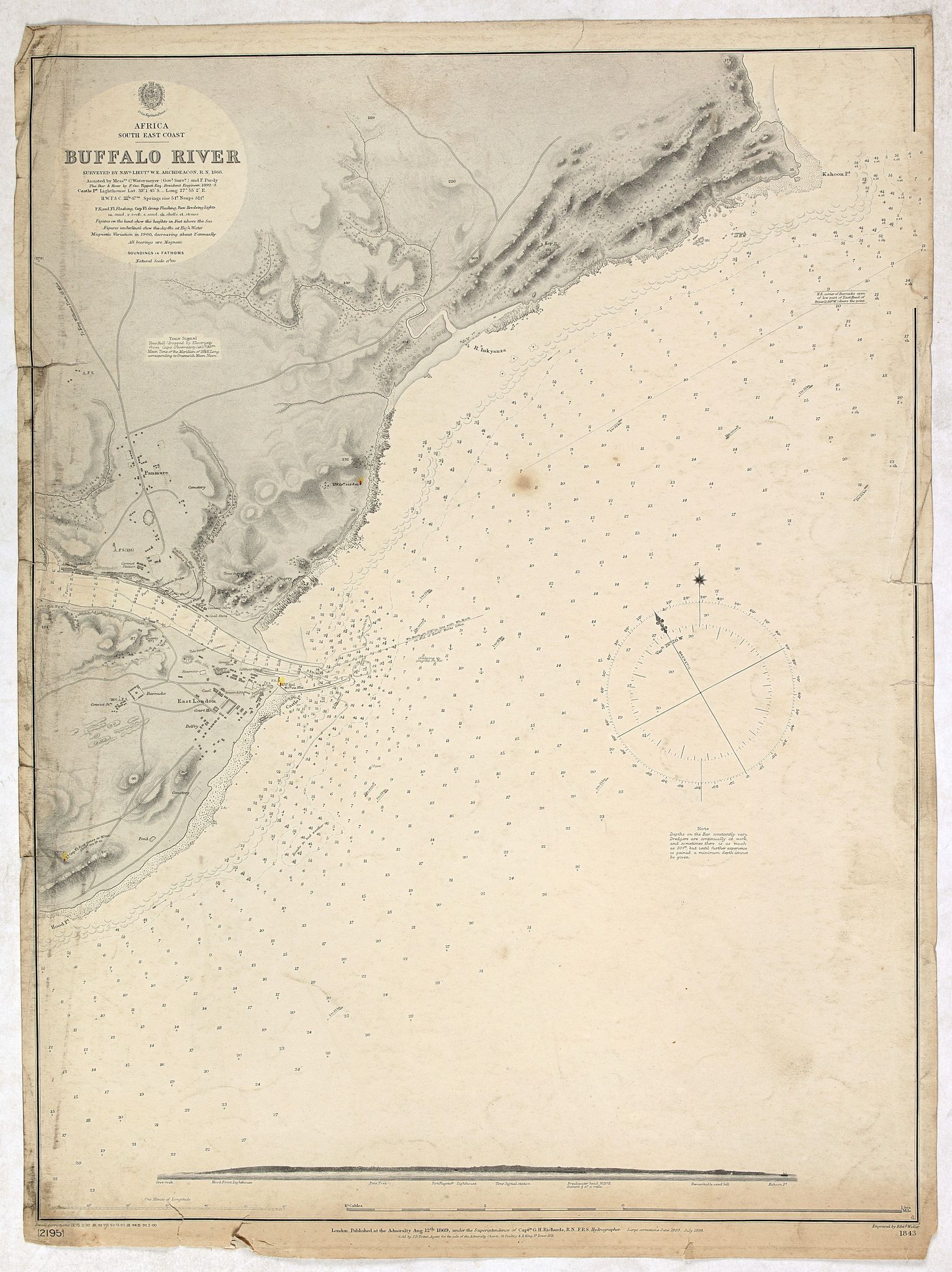 BRITISH ADMIRALTY CHART., Africa east coast Buffalo River… Surveyed by Nav.g Lieut.t W. E. Archdeacon, R.N., 1868. . ., antique map, old maps