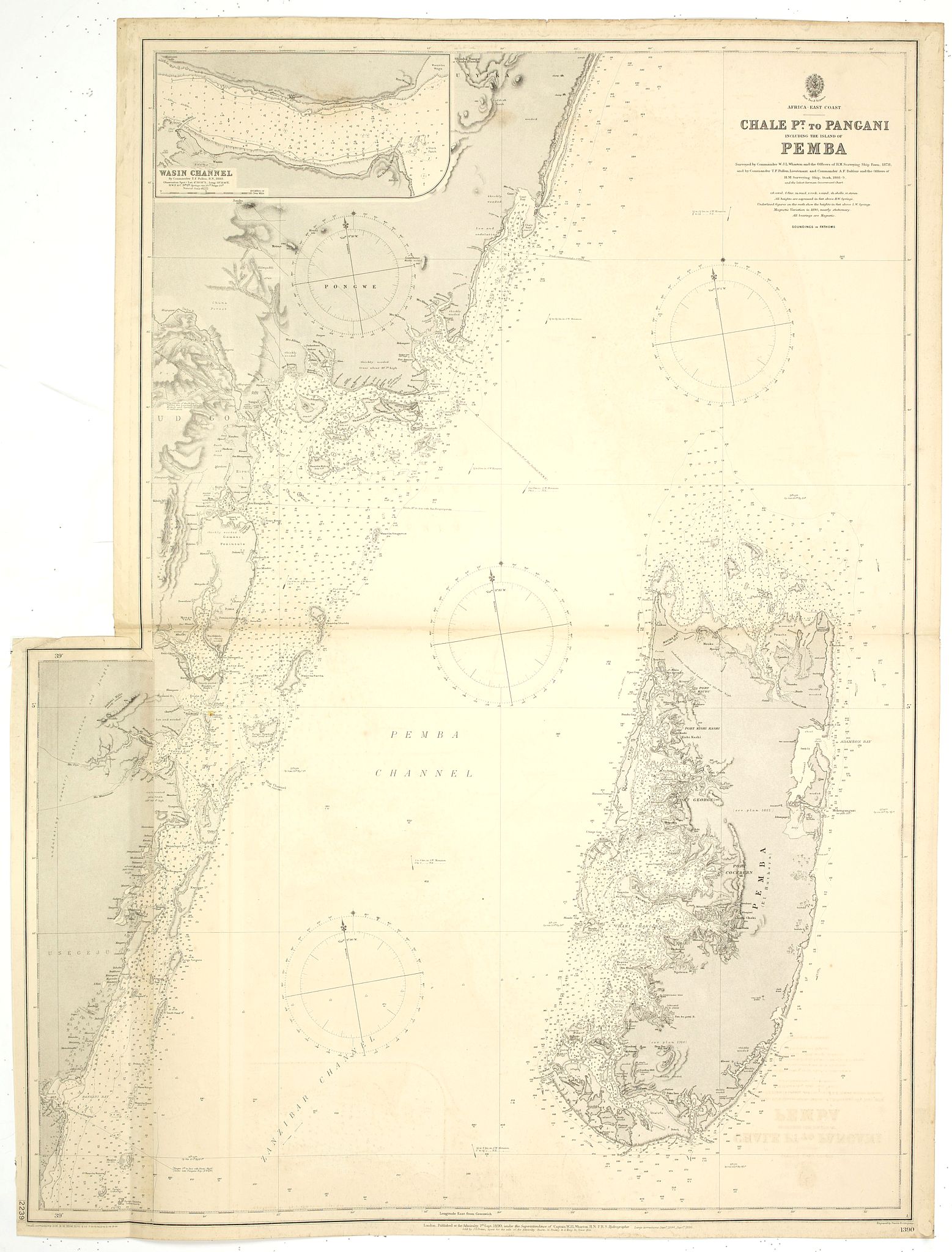 BRITISH ADMIRALTY CHART., Africa east coast Chale Point to Pangani including the island of Pemba surveyed by Commander WJL Wharton HM surveying ship Fawn . . ., antique map, old maps