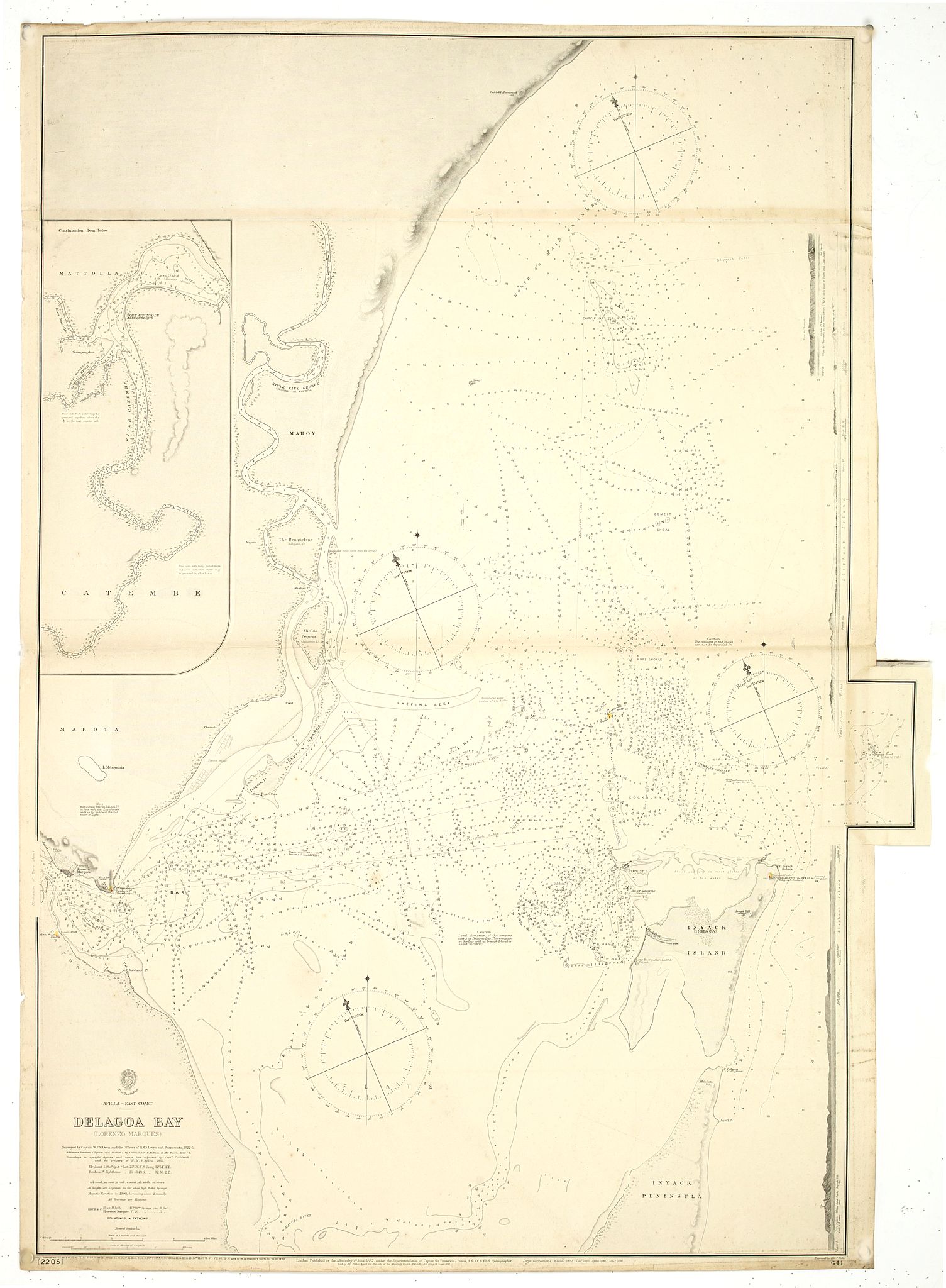 BRITISH ADMIRALTY CHART., Africa east coast Delagoa Bay (Lorenzo Marques) surveyed by Captain WFW Owen and the officers of HMS Leven and Barracouta 1822-5. . ., antique map, old maps