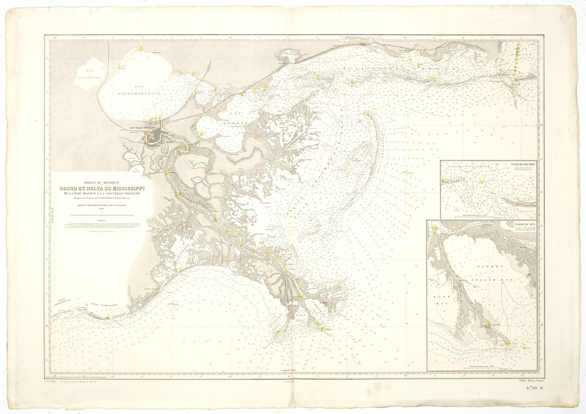 SERVICE HYDROGRAPHIQUE DE LA MARINE., Sound et delta du Mississippi / de la baie de Mobile à la Nouvelle Orléans d'après les Cartes de l'United Coast Survey…, antique map, old maps