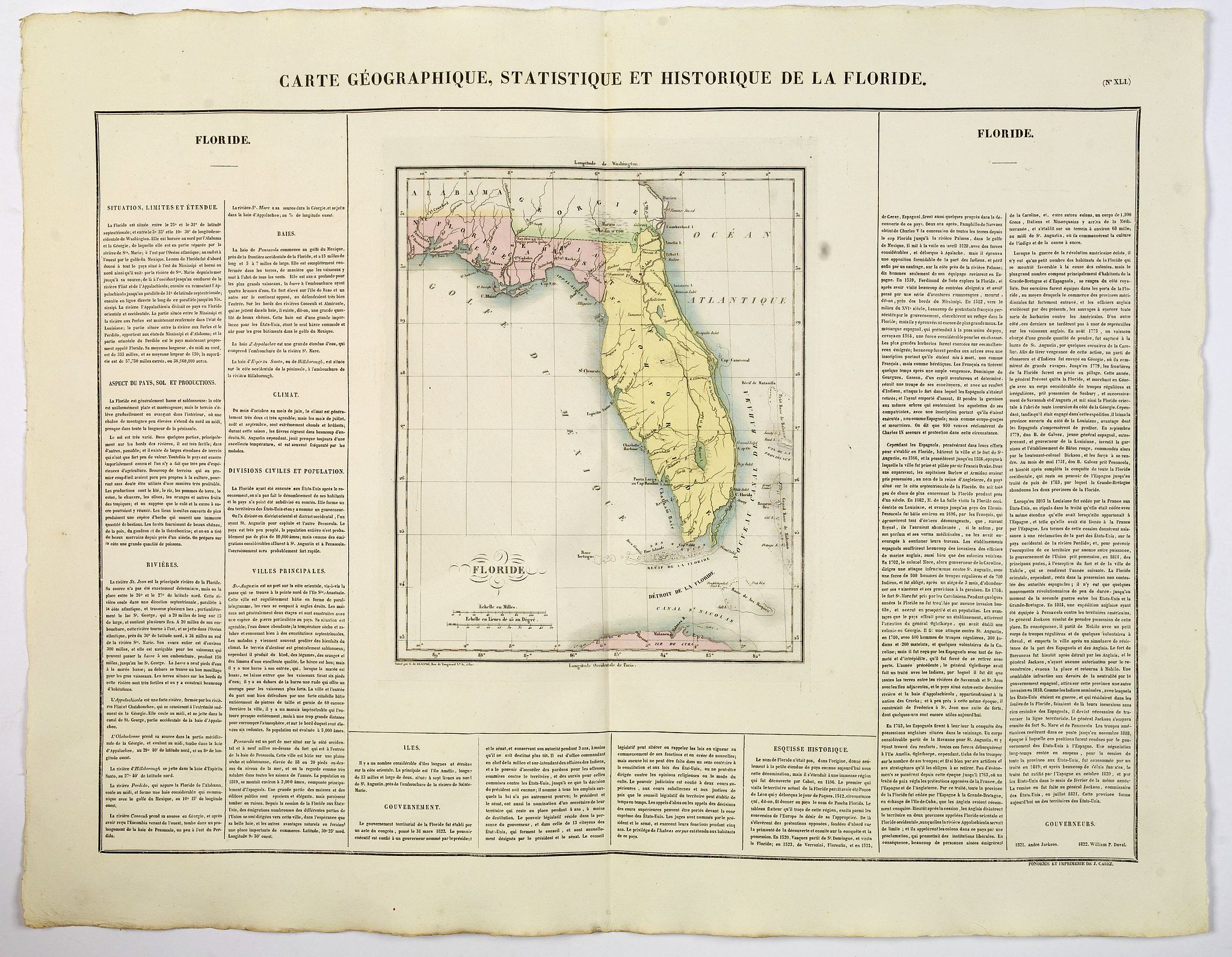 BUCHON, J.A., Carte Geographique, Statistique ey Historique de la Floride., antique map, old maps