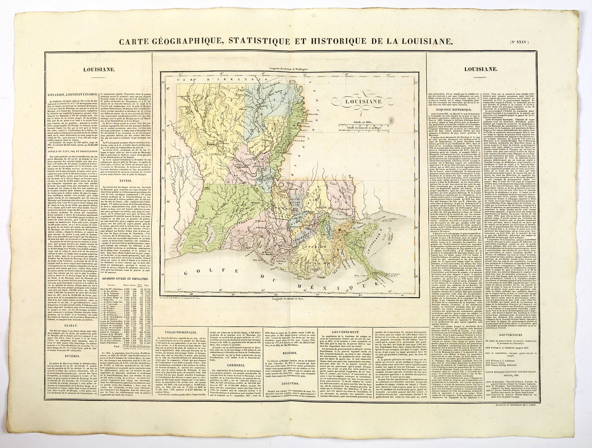 BUCHON, J.A., Carte Geographique, Statistique et Historique de Louisiane., antique map, old maps