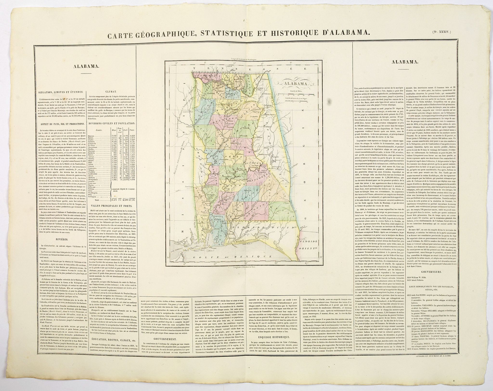 BUCHON, J.A., Carte Geographique, Statistique et Historique de d'Alabama., antique map, old maps