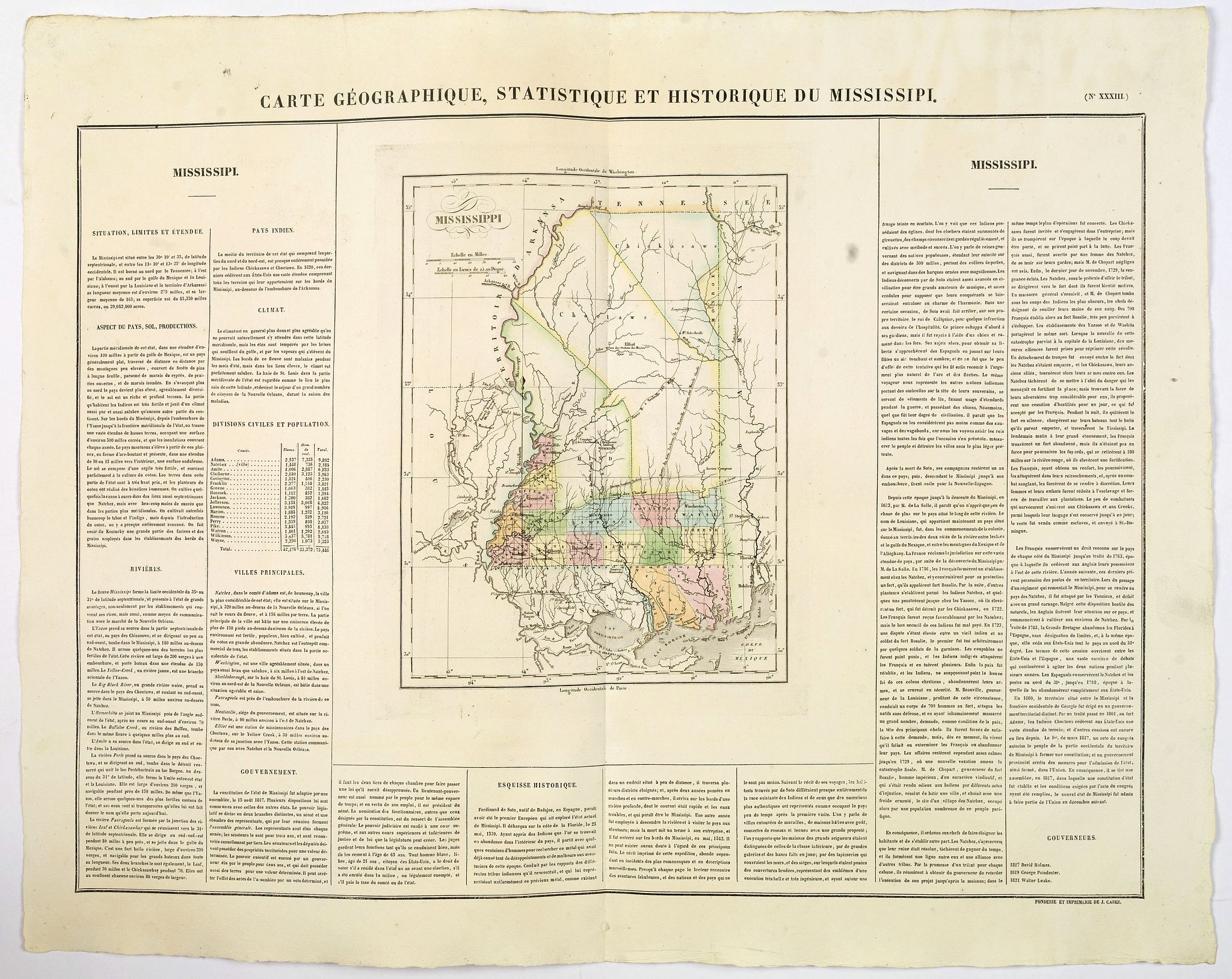 BUCHON, J.A., Carte Geographique, Statistique et Historique de Mississipi., antique map, old maps