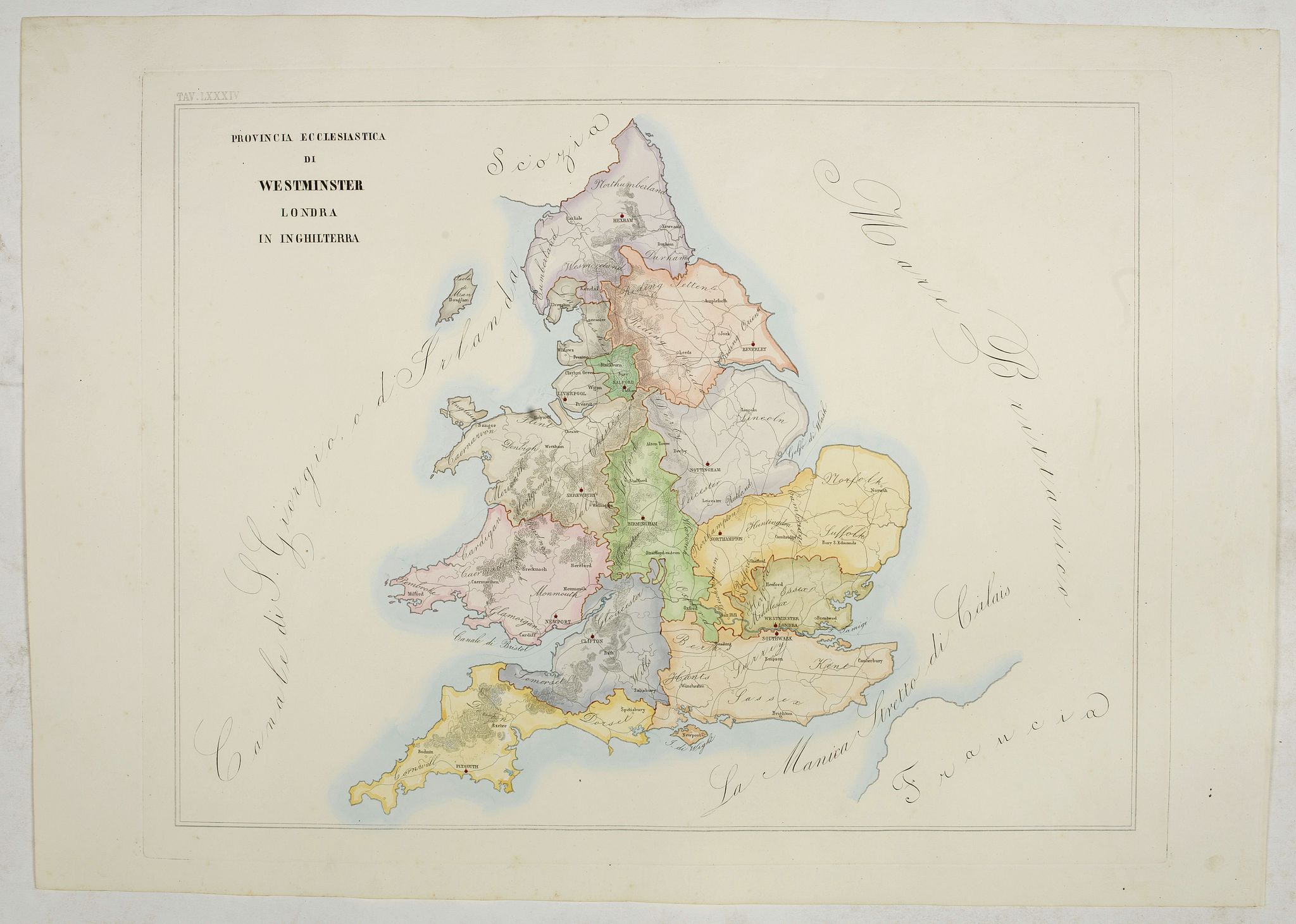 PETRI Girolamo, Provincia ecclesiastica di Westminster Londra in Inghilterra (Tav LXXXIV), antique map, old maps