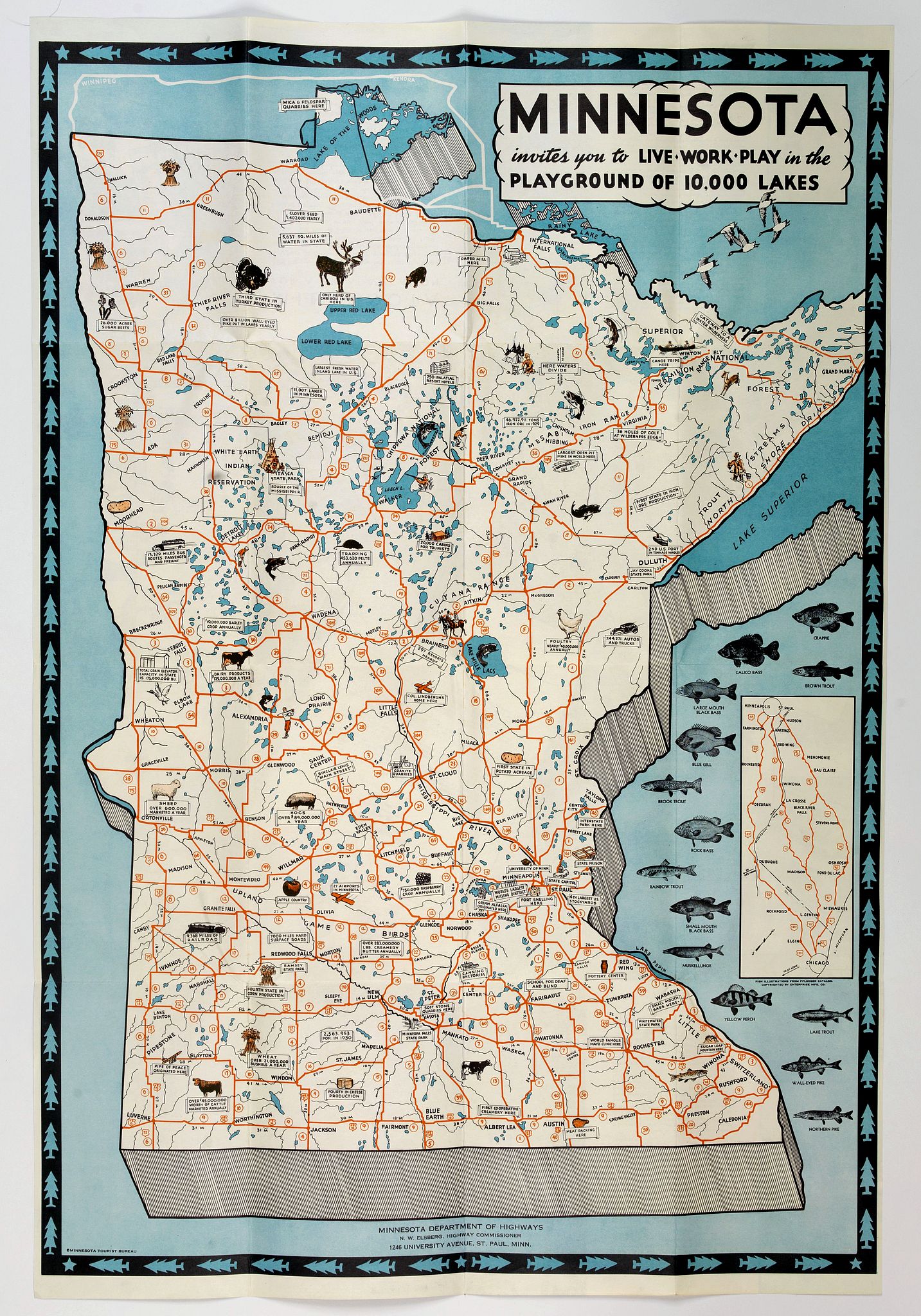 MINNESOTA DEPARTMENT OF HIGHWAYS., Minnesota invites you to Live-Work-Play in the Playground of 10,000 Lakes., antique map, old maps