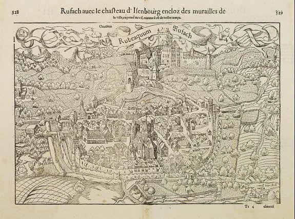M�NSTER, S.,  Rufach avec le chasteau d'Isenbourg encloz des murailles de la ville. . ., antique map, old maps