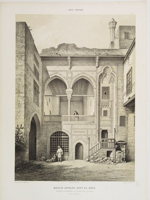 PRISSE D'AVENNES, E., Maison Appelée : Beyt El-Emir. Façade du Maqâad ou Iwan sur la Cour. (XVIIe. siècle), antique map, old maps