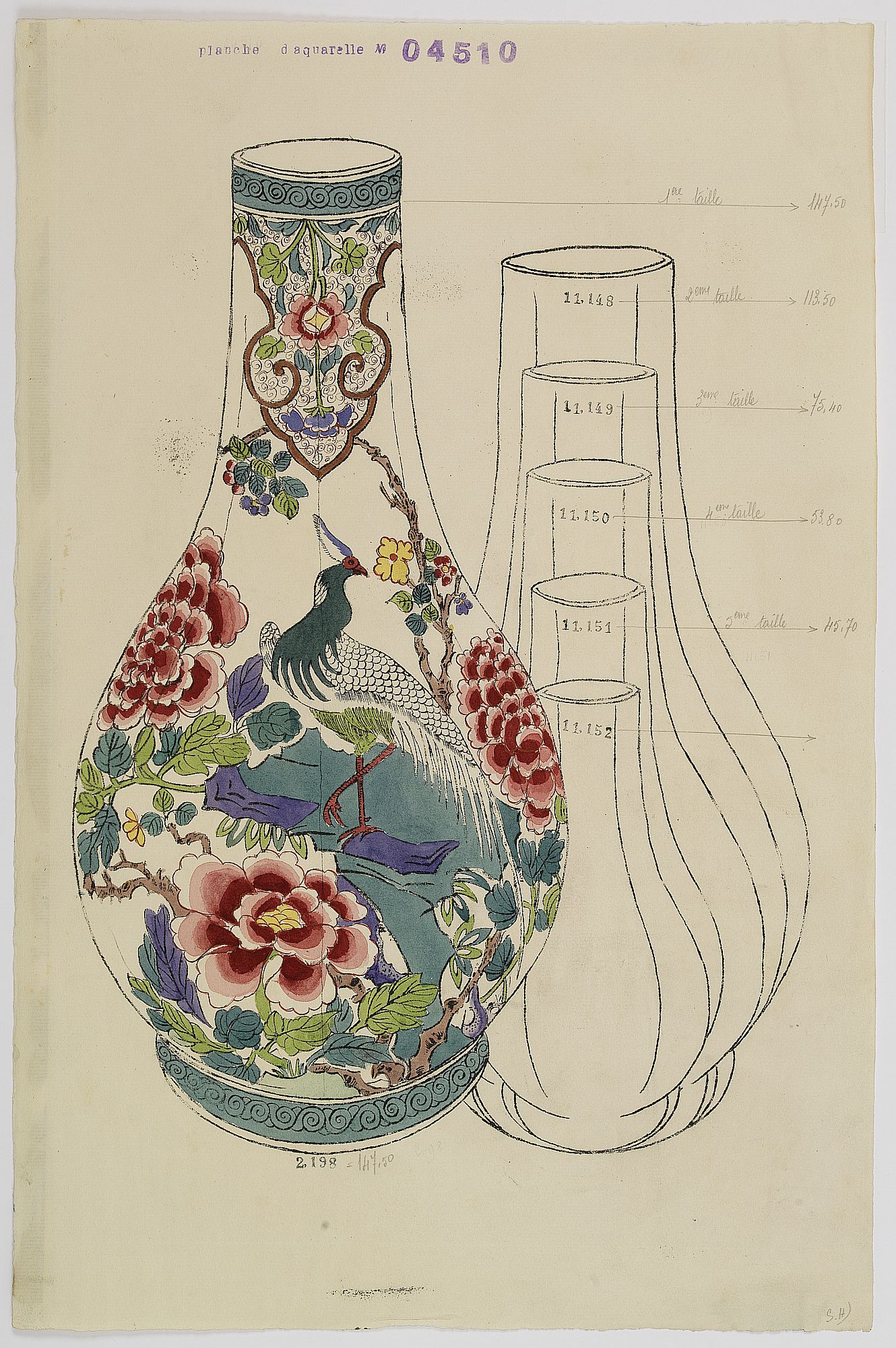 FOURMAINTRAUX, G. / DESVRES, Designs for porcelain vase with Chinese motif., antique map, old maps