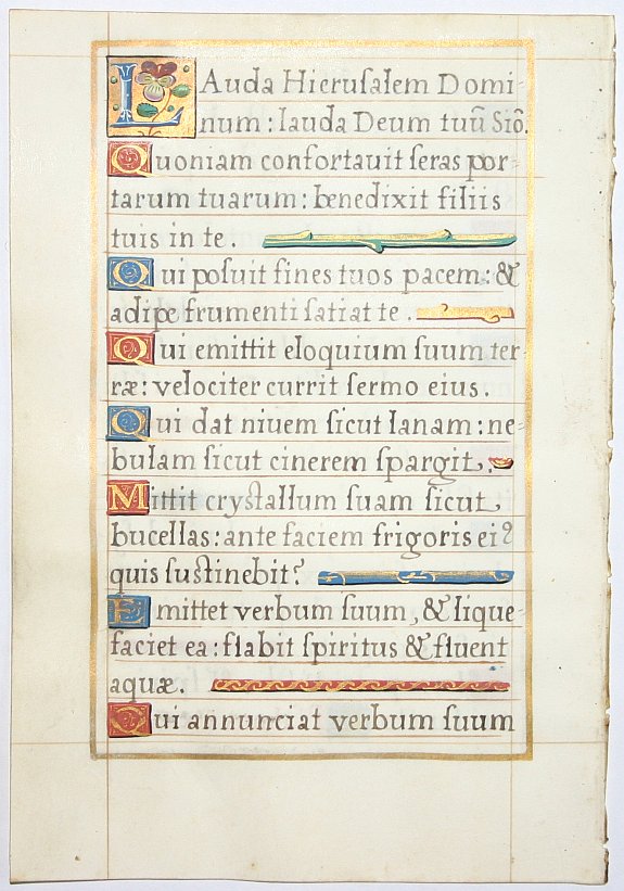 BOOK OF HOURS, Leaf on vellum from a French manuscript Book of Hours., antique map, old maps