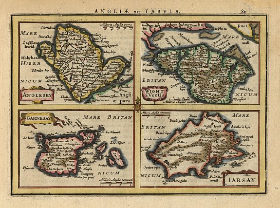 MERCATOR,G./ HONDIUS,J., Anglesey, Wight, Garnesey, Iarsay., antique map, old maps