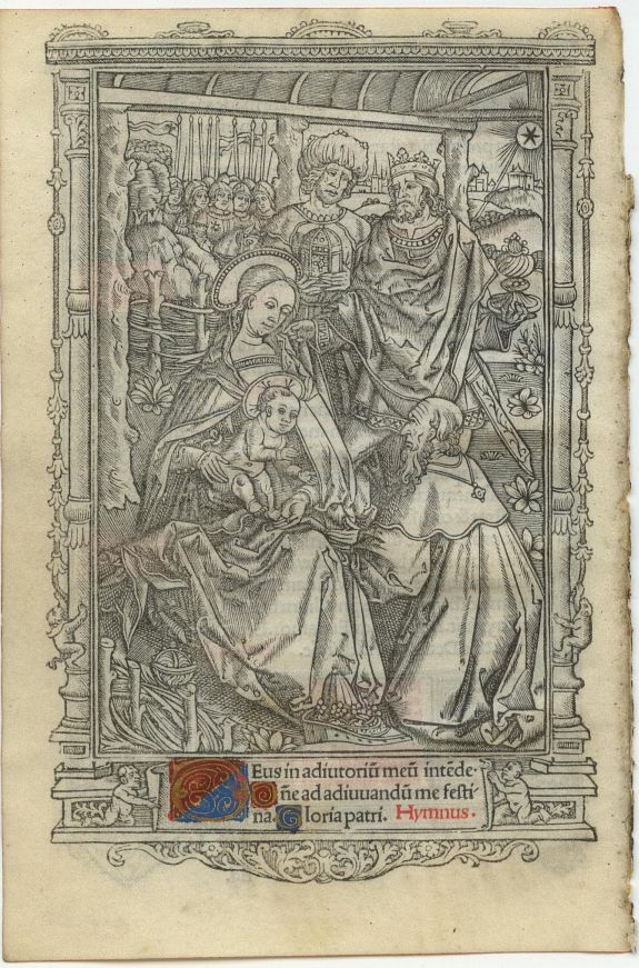 BOOK OF HOURS, Leaf on vellum from a printed Book of Hours., antique map, old maps