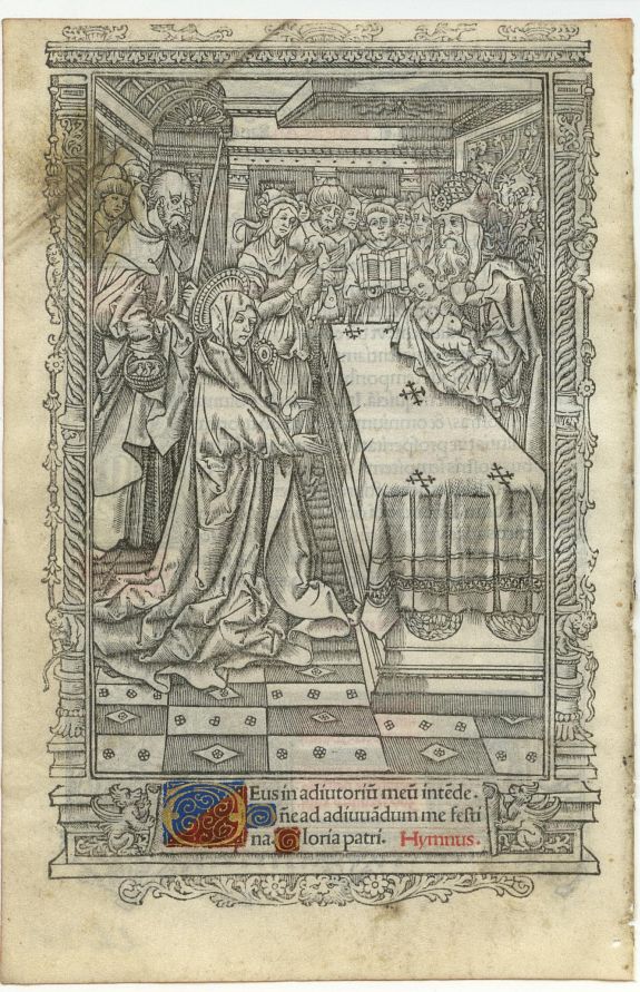 BOOK OF HOURS, Leaf on vellum from a printed Book of Hours., antique map, old maps