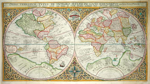 PLANCIUS, P., Orbis Terrarum Typus de Integro Multis in Locis Emendatus, antique map, old maps