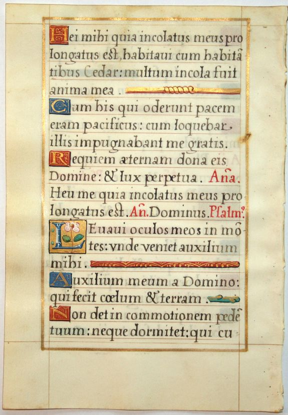 BOOK OF HOURS, Leaf on vellum from a French manuscript Book of Hours., antique map, old maps