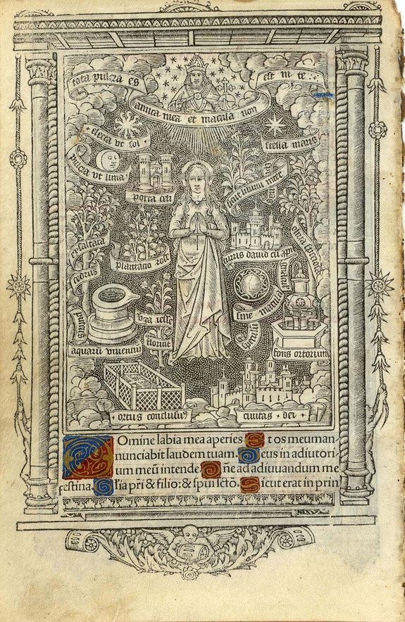 BOOK OF HOURS, Leaf on vellum from a printed Book of Hours., antique map, old maps