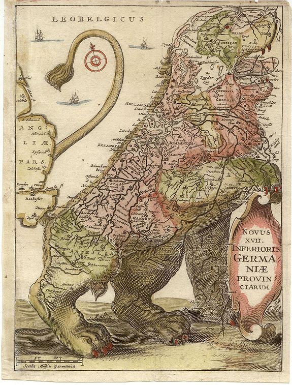 STRADA, Novus XVII. Inferioris Germaniae Provinciarum [Leo Belgicus], antique map, old maps
