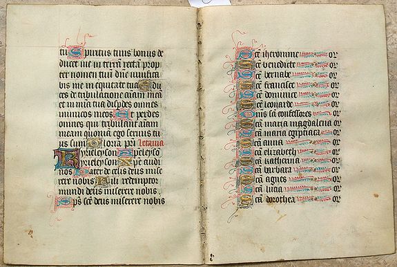 BOOK OF HOURS, Double-leaf on vellum from a manuscript Book of Hours., antique map, old maps