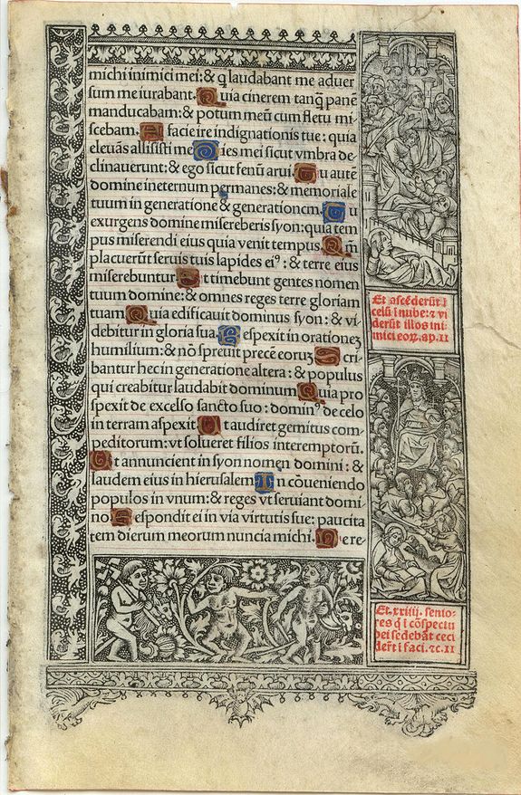 BOOK OF HOURS, Leaf on vellum from a printed Book of Hours., antique map, old maps