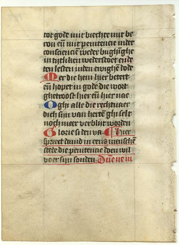 BOOK OF HOURS, Leaf on vellum from a Dutch manuscript Book of Hours., antique map, old maps