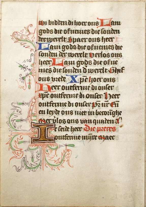 BOOK OF HOURS, Leaf on vellum from a Dutch manuscript Book of Hours., antique map, old maps