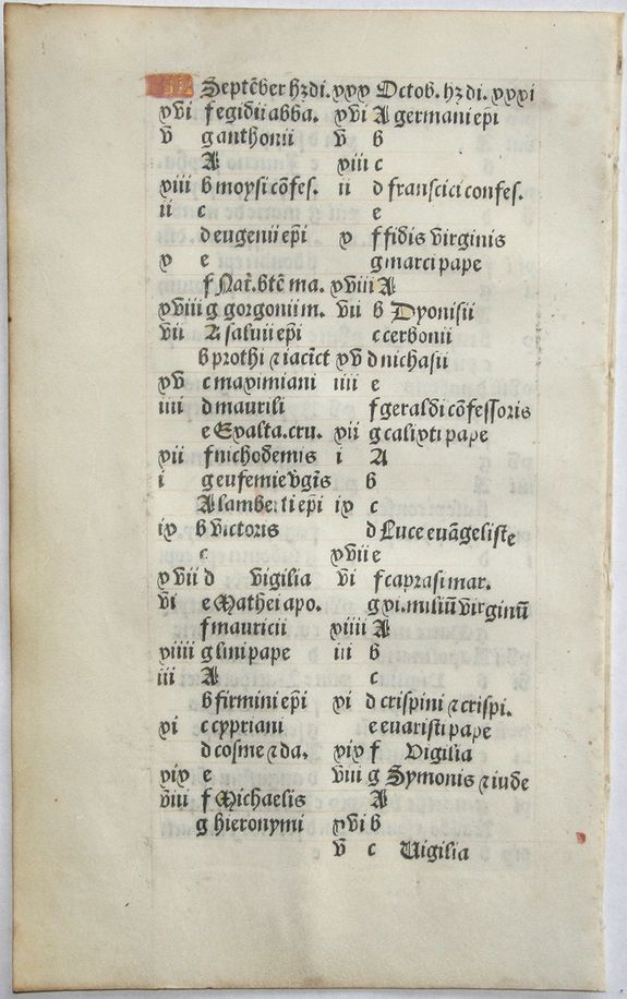BOOK OF HOURS, Calendar leaf from a printed Book of Hours on vellum., antique map, old maps