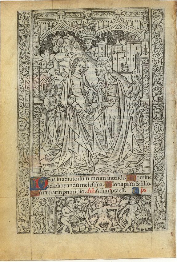 BOOK OF HOURS, Leaf on vellum from a printed Book of Hours., antique map, old maps