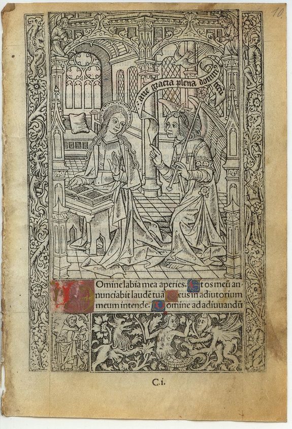 BOOK OF HOURS, Leaf on vellum from a printed Book of Hours., antique map, old maps