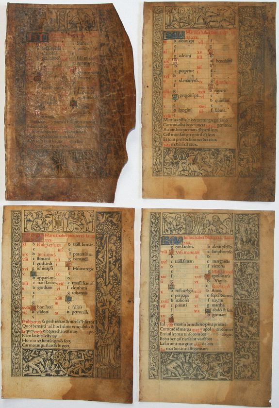 BOOK OF HOURS, 4 Calendar leaves on vellum from a printed Book of Hours., antique map, old maps