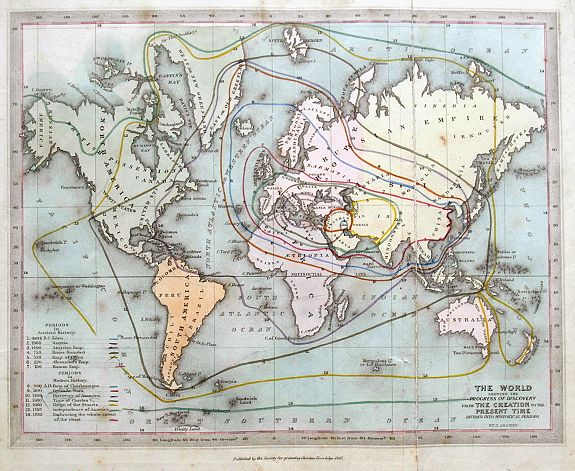 ARCHER, J., The World shewing the progress of discovery from the creation to the present time..., antique map, old maps