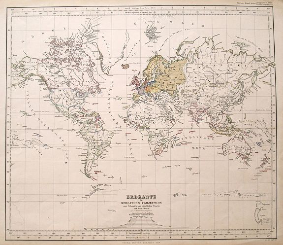 PERTHES, J., Erdkarte in Mercator's Projection zur Uebersicht der christlichen Staaten und Ihrer Colonien., antique map, old maps