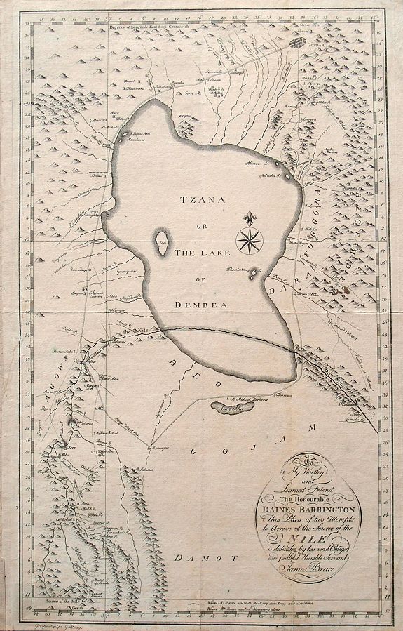 BRUCE, J., To my worthy and learned friend, the honourable Daines Barrington, this plan of two attempts to arrive at the source of the Nile..., antique map, old maps