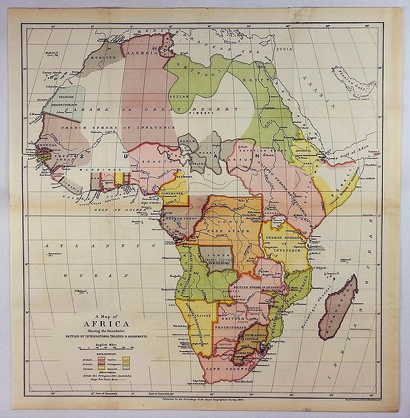 ROYAL GEOGRAPHICAL SOCIETY., A Map of Africa Showing the Boundaries Settled by International Treaties & Agreements., antique map, old maps