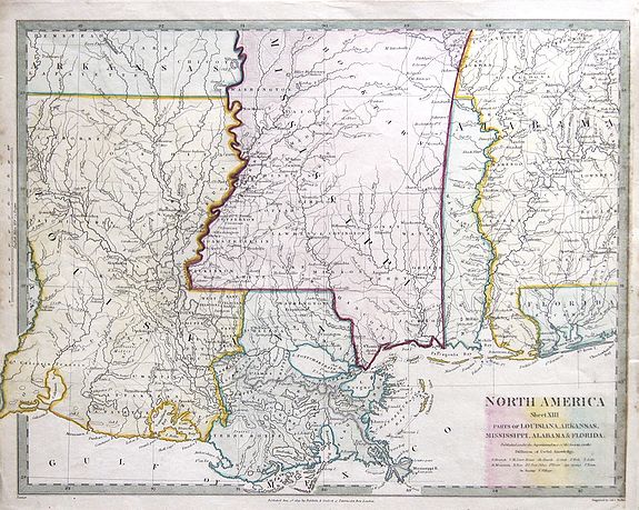 WALKER, J & C., North America Sheet XIII Parts of Louisiana, Arkansas, Mississippi, Alabama und Florida., antique map, old maps