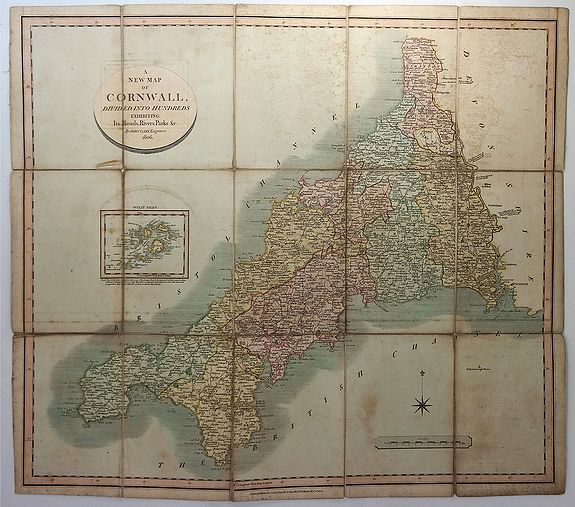 CARY, John., A New Map of Cornwall, Divided into Hundreds Exhibiting Roads, Rivers, Parks &c., antique map, old maps