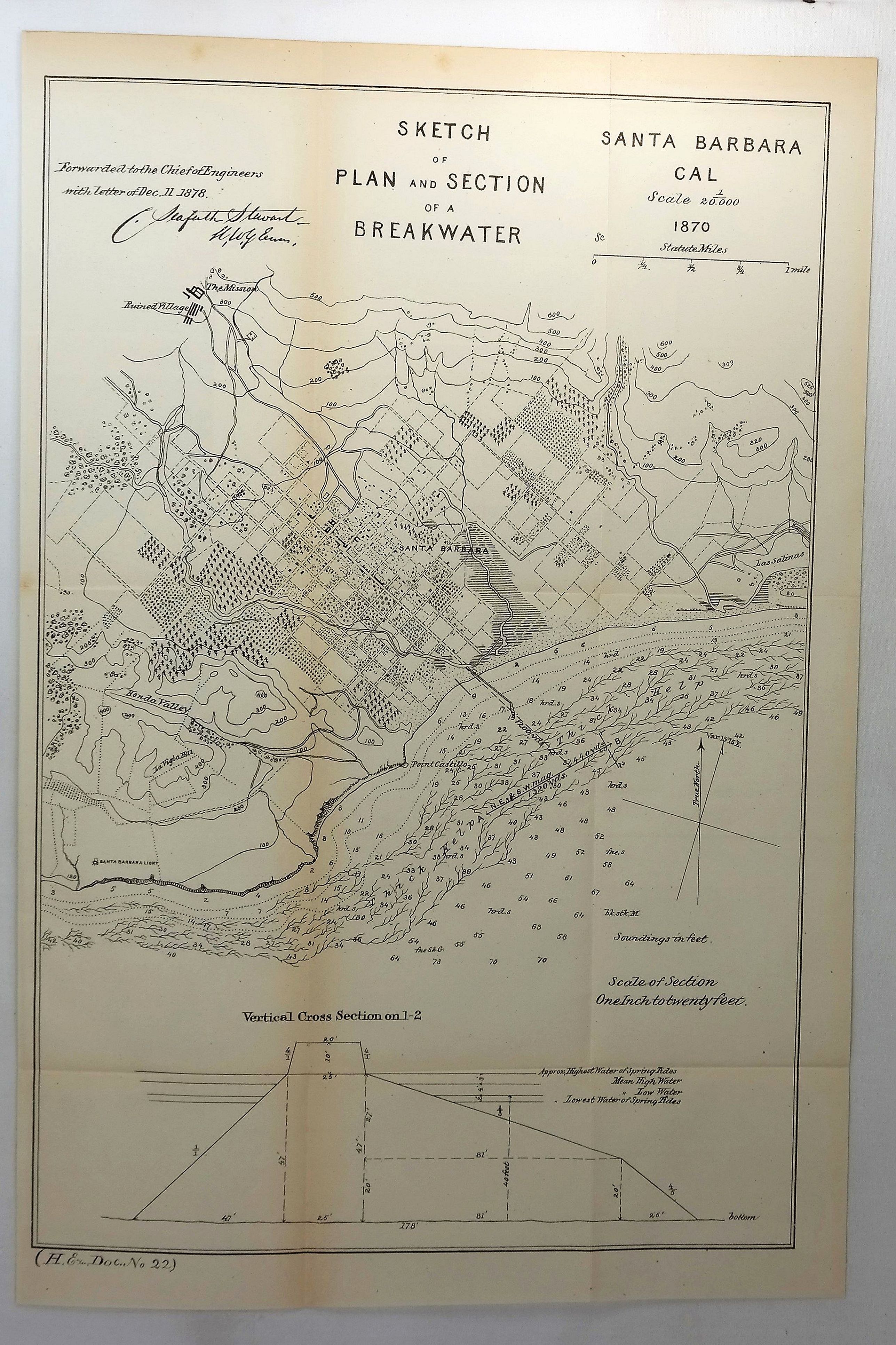 ARMY CORPS OF ENGINEERS., Sketch of Plan and Section of a Breakwater, San Buenaventura Cal. 1870, antique map, old maps