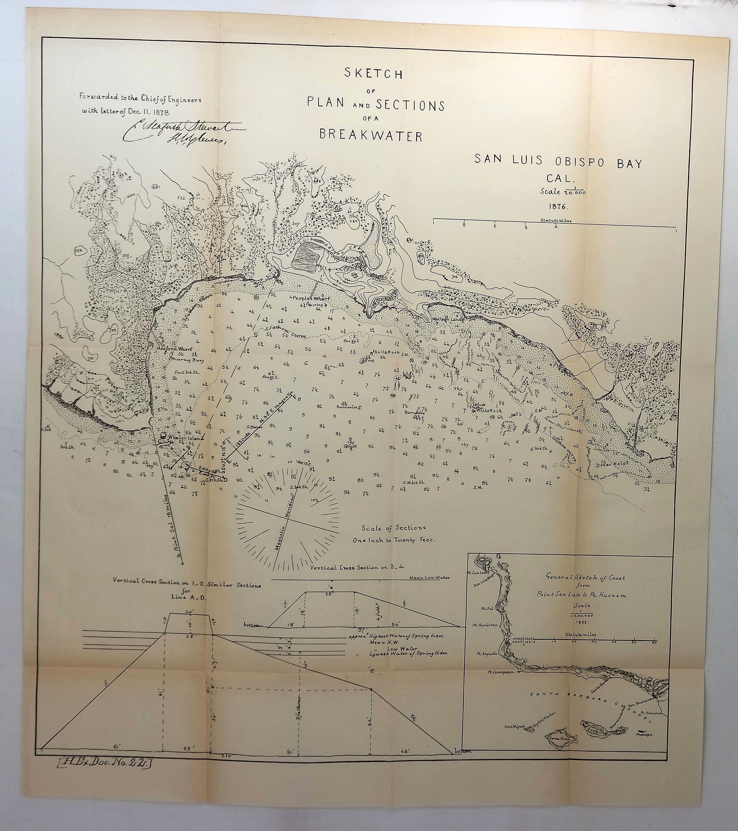 ARMY CORPS OF ENGINEERS., Sketch of Plan and Sections of a Breakwater, San Luis Obispo Bay, Cal. 1876., antique map, old maps
