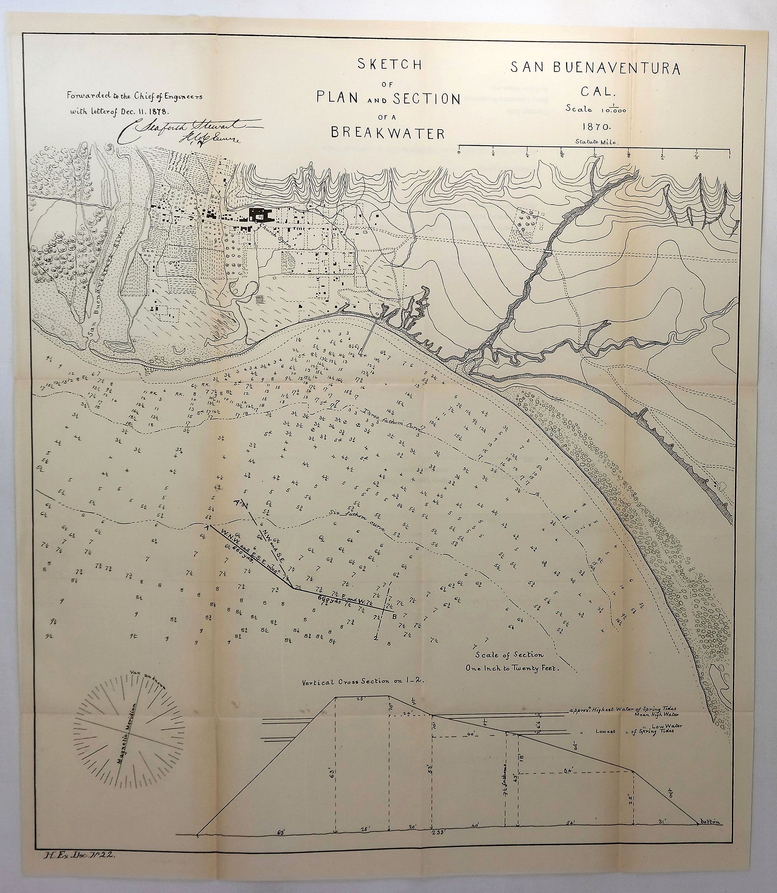 ARMY CORPS OF ENGINEERS., Sketch of Plan and Section of a Breakwater, San Buenaventura, Cal. 1870., antique map, old maps