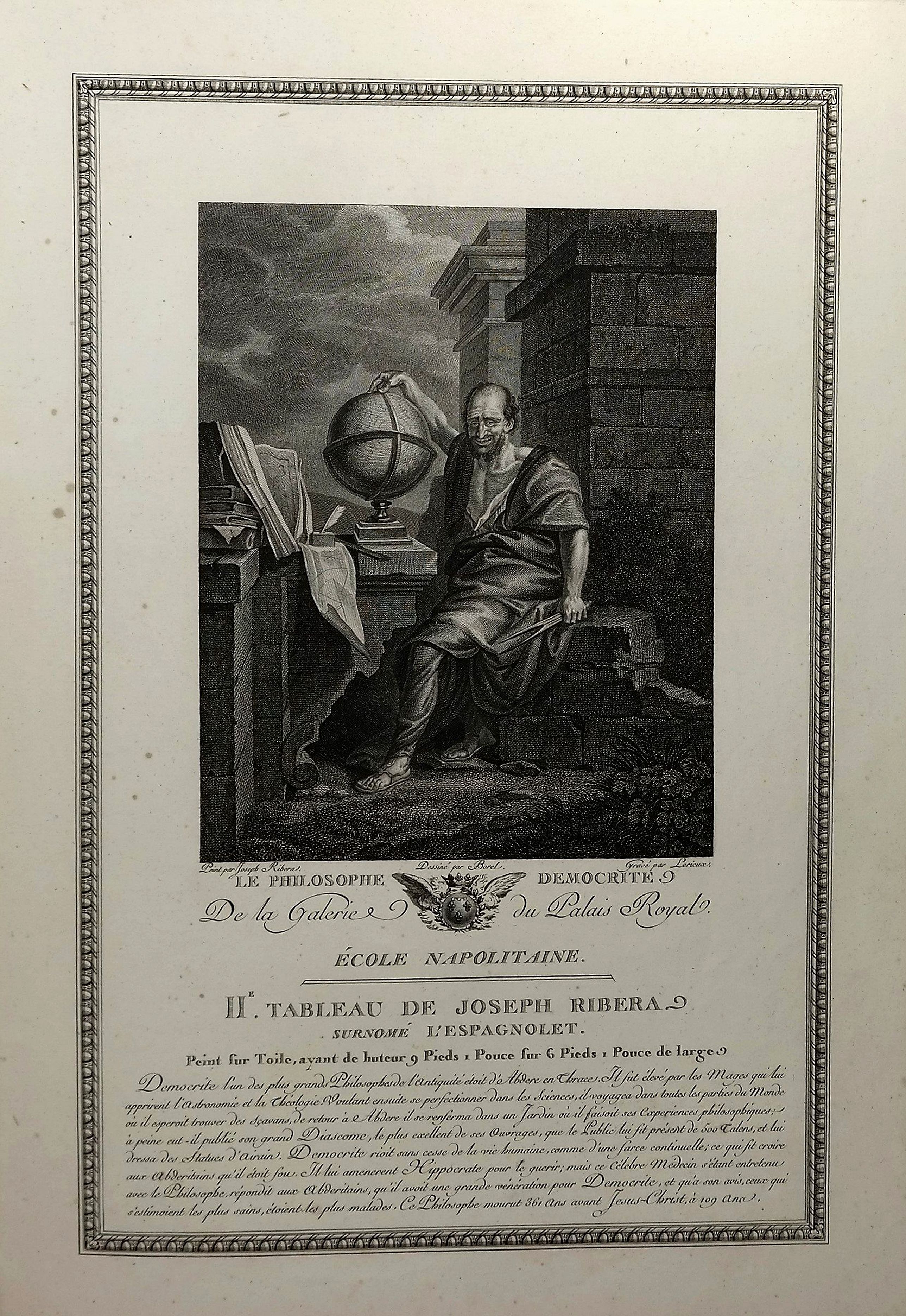 RIBERA, J., Le Philosophe Democrite (Galerie du Palais Royal)., antique map, old maps