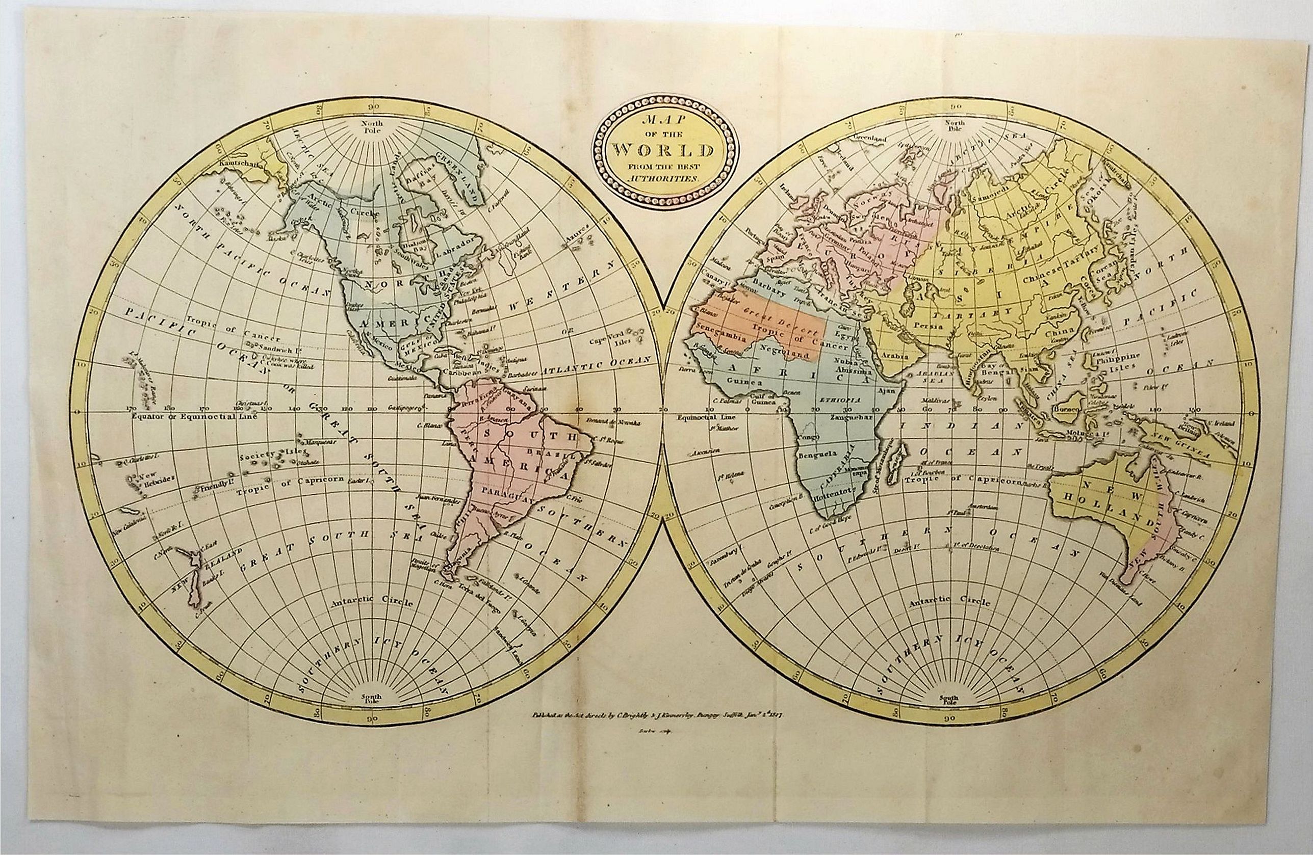 BRIGHTLY & KINNERSLY., Map of the World from the Best Authorities., antique map, old maps