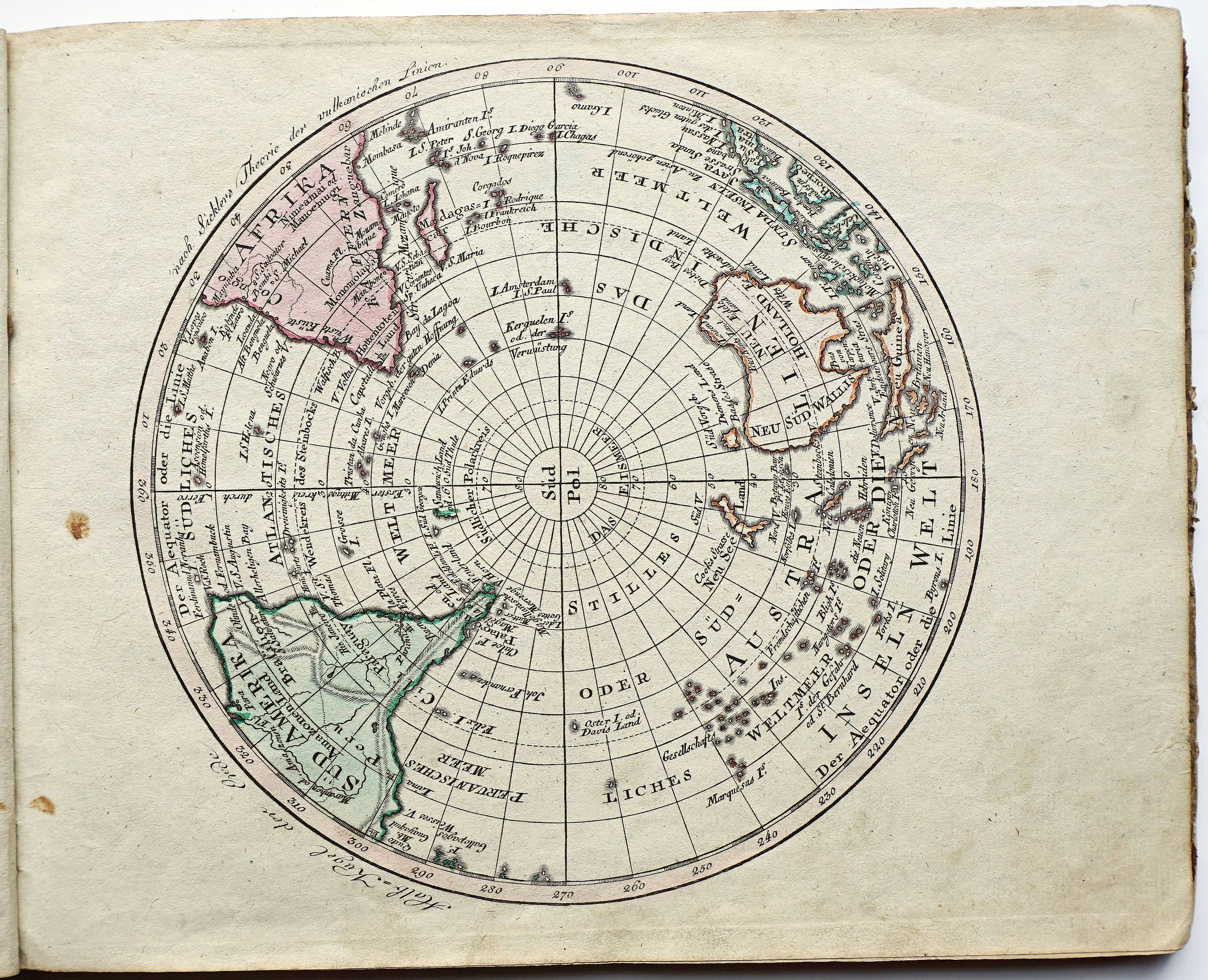 WALCH, J., Halb = Kugel der Erde nach Sicklers Theorie der vulkanischen Linien., antique map, old maps