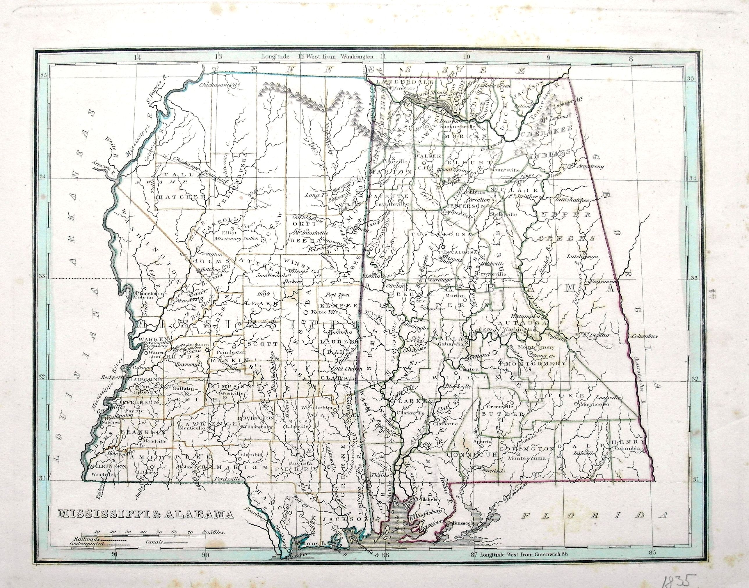 BRADFORD, T. G., Mississippi & Alabama., antique map, old maps