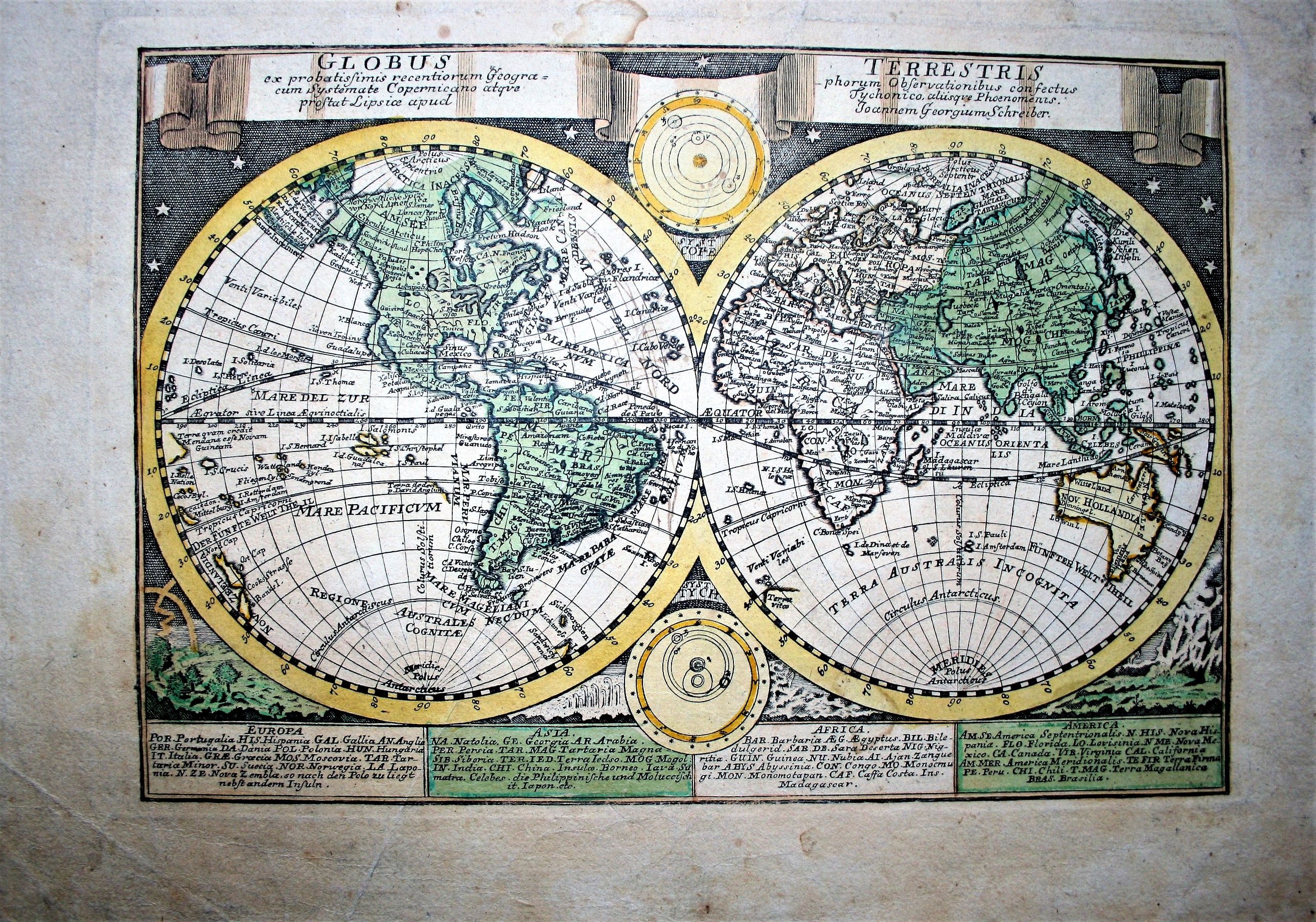 SCHREIBER, J. G., Globus Terrestris ex Probatissimis Recentiorum Geographorum Observationibus…, antique map, old maps