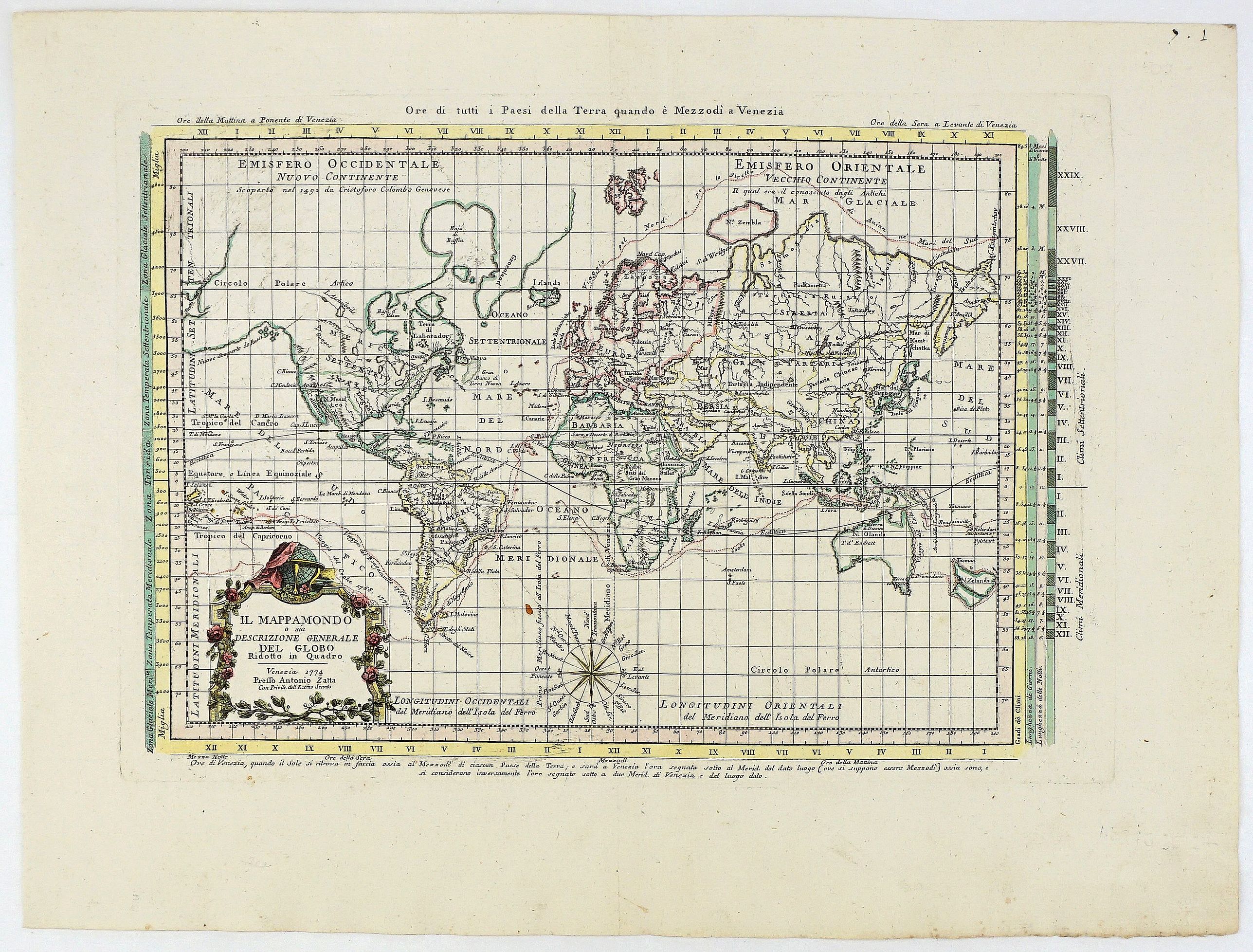 ZATTA, A., Il Mappamondo o sia Descrizione Generale del Globo Ridotto in Quadro., antique map, old maps