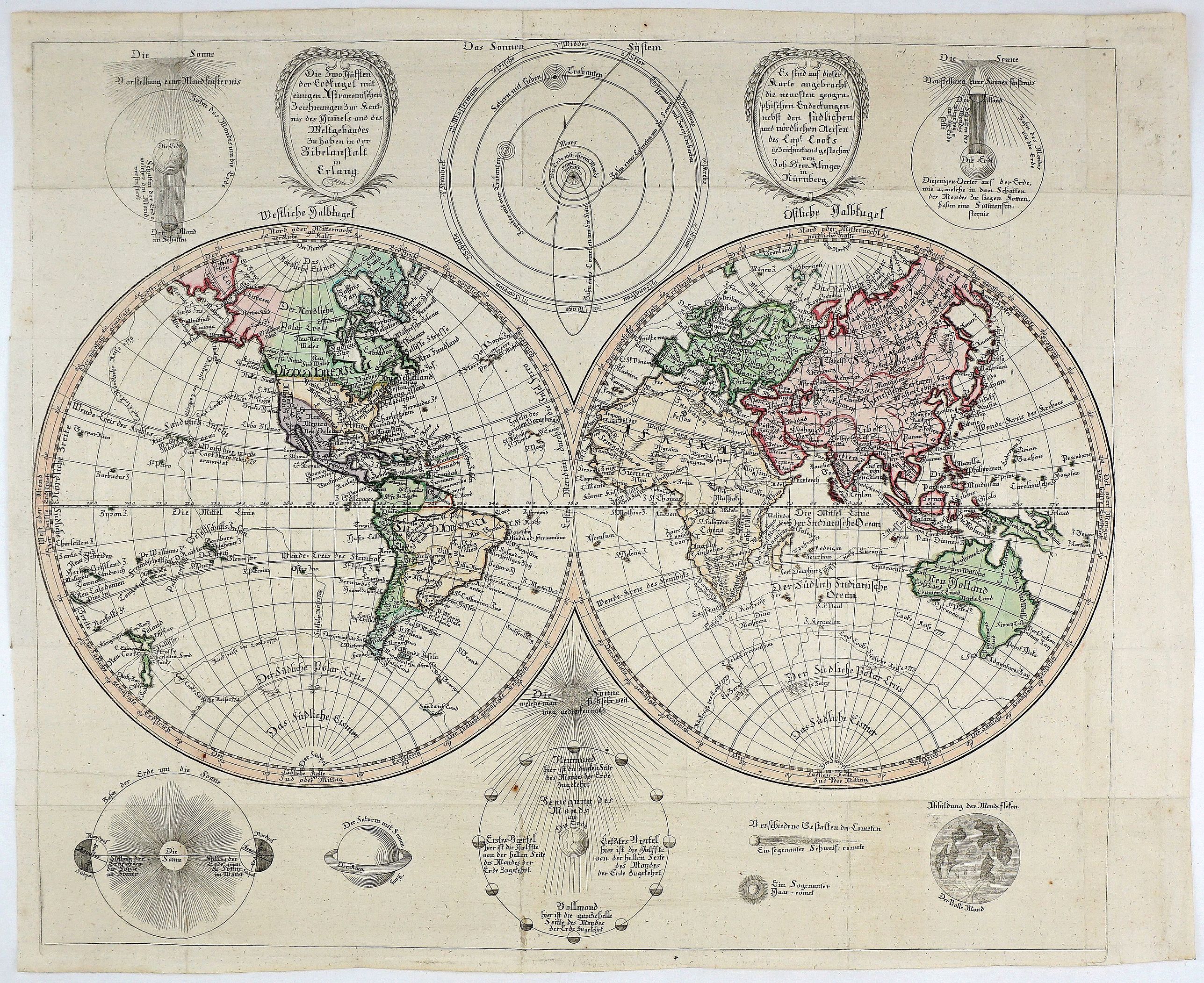 KLINGER, J. G., Die Zwo Hälften Der Erdkugel Mit Einigen Astronomischen Bezeichnungen Zur Kenntnis Des Himmels Und Des Weltgebäudes Zu Haben In Der Bibelanstalt In Erlang. . . , antique map, old maps