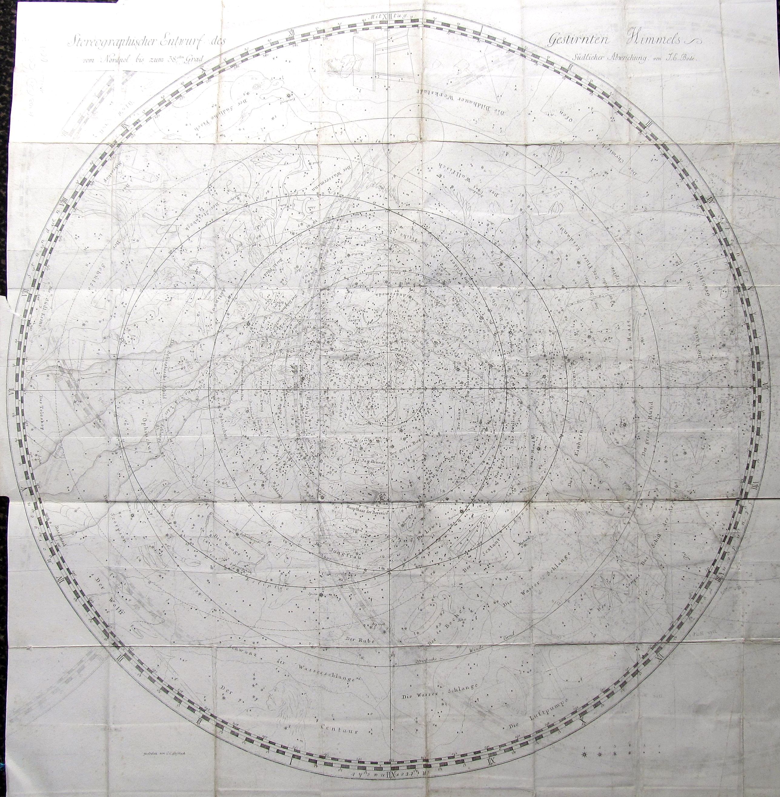 BODE, J. E., Stereographischer Entwurf des Gestirnten Himmels vom Nordpol bis zum 38sten Grad südlicher Abweichung., antique map, old maps